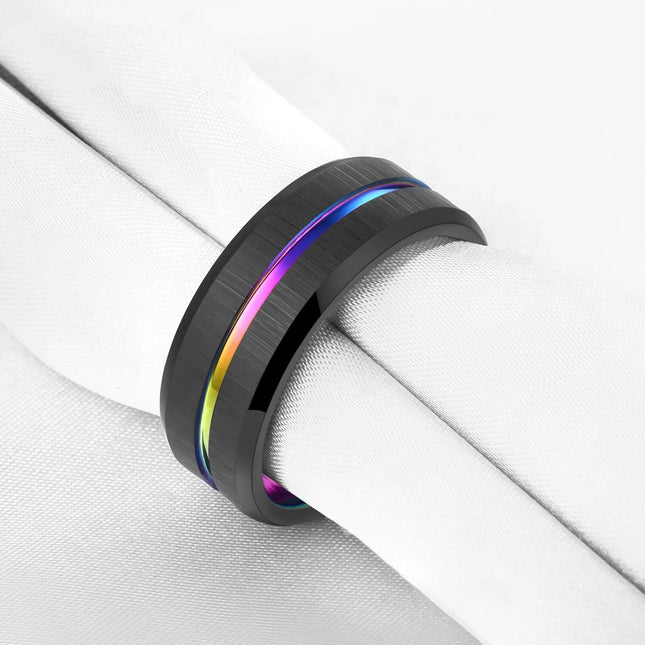 Tungsten Carbide 8mm Black Wedding Band with Rainbow Groove - Wnkrs