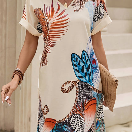 Trend Tropical Printing Batwing Sleeve Commute Minimalist Dress Ladies