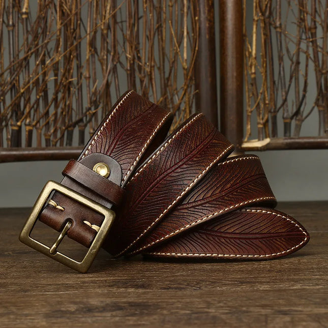 3.8CM Vintage Printed Leather Belt – Copper Buckle Cowhide Strap for Men’s Jeans