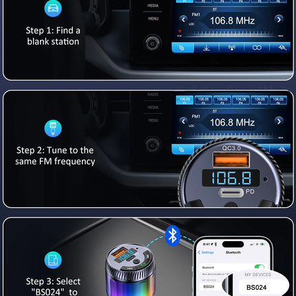 Transmisor FM Bluetooth 5.3 con cargador rápido PD 30W y QC 18W, luz ambiental LED