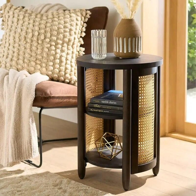 Charcoal Caning Rattan Side Table with Storage - Wnkrs
