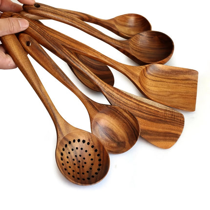 Juego de utensilios de cocina de madera de teca ecológicos: kit de herramientas de cocina de 7 piezas