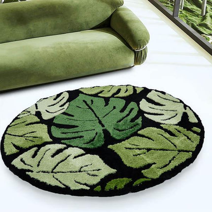 Alfombra de felpa redonda con hojas de monstera verde