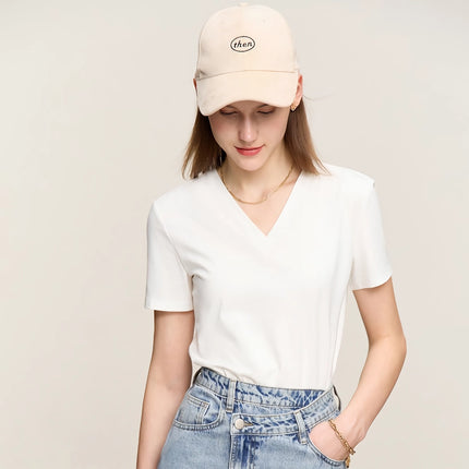 T-shirt col en V brodé minimaliste pour femme