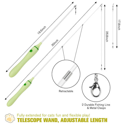 Jouet interactif rétractable pour chat avec laser, plume et baguette télescopique pour chats