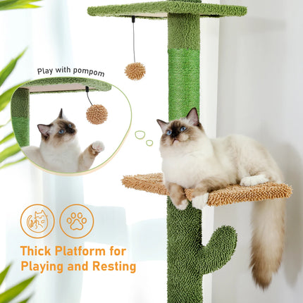 Torre para gatos de 5 niveles ajustable de piso a techo con diseño de cactus, hamaca y poste rascador