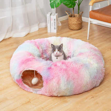 Cómoda cama túnel para gatos con cojín de felpa: nido plegable multifuncional para gatos de interior