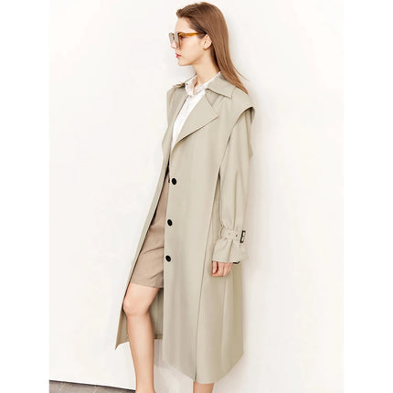 Trench-coat long minimaliste pour femme - Automne Col rabattu Patchwork Simple boutonnage