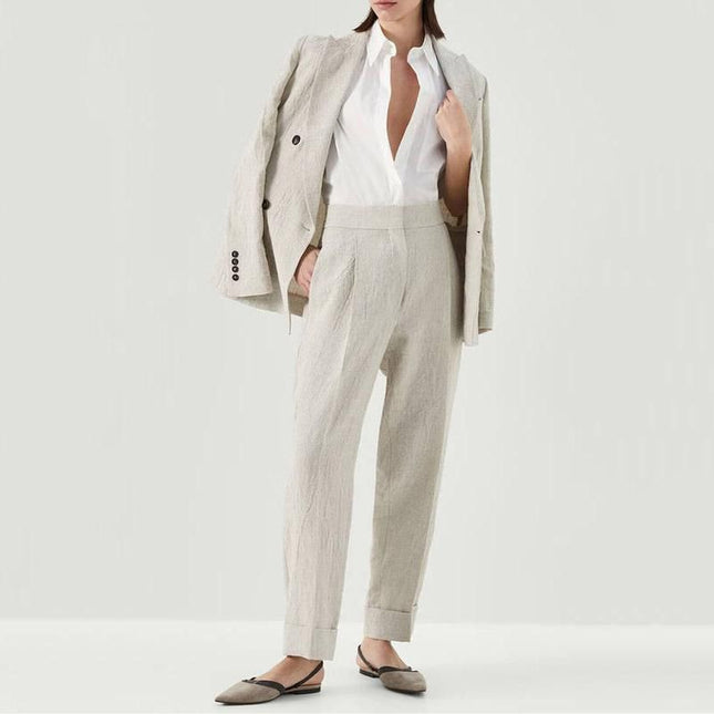 Ensemble élégant en lin perlé - Blazer croisé et pantalon droit pour femme