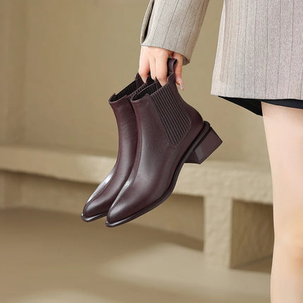 Bottines Chelsea en cuir véritable pour femme avec talon épais