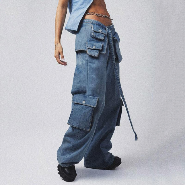 Jean baggy taille haute avec poches cargo à lacets