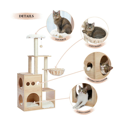 Arbre à chat en bois avec griffoirs en sisal, condo confortable et hamac