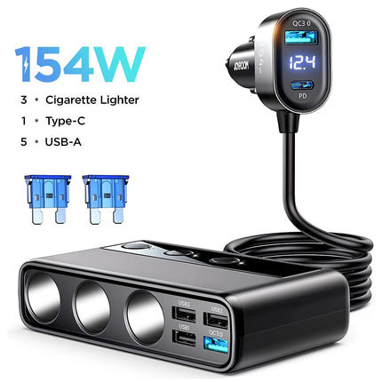 Adaptador de cargador de coche 9 en 1 de 154 W con 3 enchufes, 6 puertos USB, carga rápida