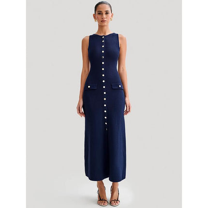 Robe longue boutonnée élégante sans manches pour femme