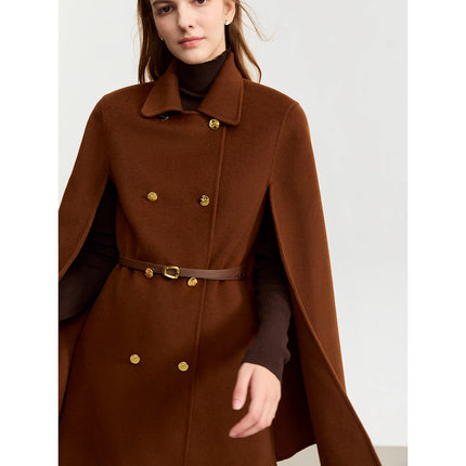 Manteau cape en laine et cachemire vintage pour femme avec ceinture en cuir