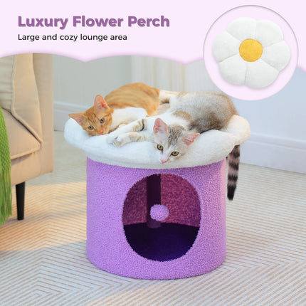 Acogedora casa para gatos con forma de flor y bola de pompón: condominio para gatos de dos pisos