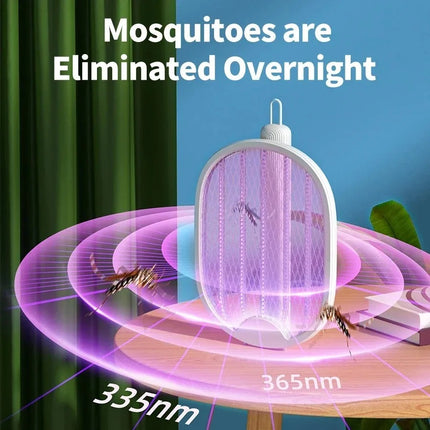 Raqueta eléctrica plegable para matar mosquitos con luz ultravioleta y trampa para moscas