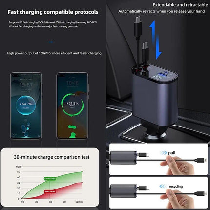 High-Speed 4-in-1 Retractable Car Charger with Dual USB, Type-C & Lightning Cables - Wnkrs