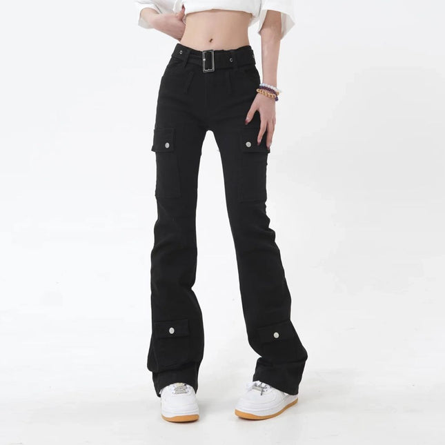 Pantalon slim évasé noir : jean femme chic à boutons de couleur unie de style américain