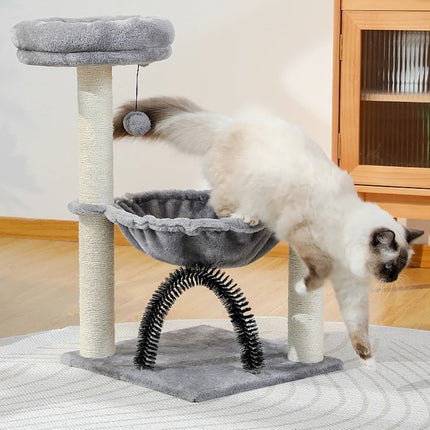 Arbre à chat compact avec hamac, griffoir et panier en peluche