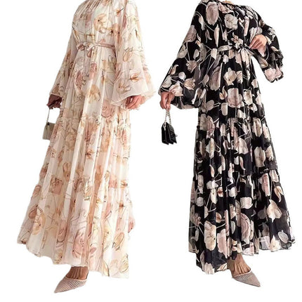 Robe longue élégante à imprimé floral en mousseline de soie du Moyen-Orient