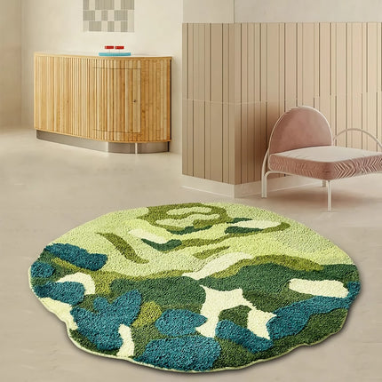 Alfombra con mechones de musgo verde redondo en 3D para decoración del hogar