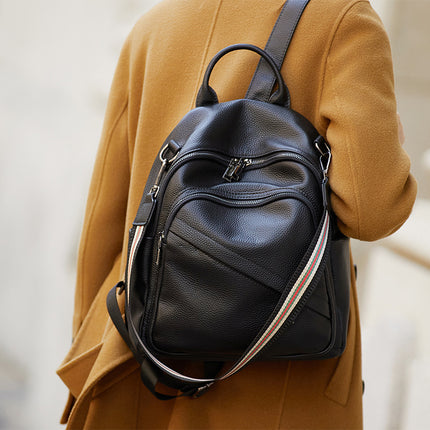 Sac à dos à carreaux en cuir véritable de grande capacité pour les étudiantes