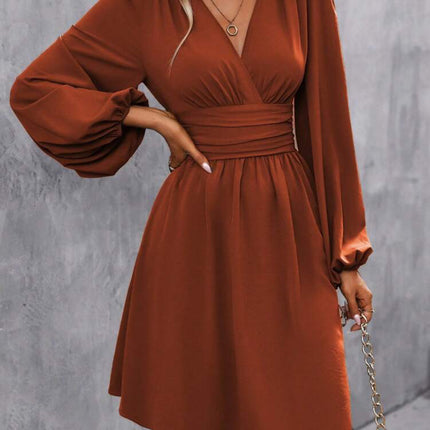 Foreign Trade Amazon Solid Color Chest Wrap V-neck Lantern Sleeve Dress