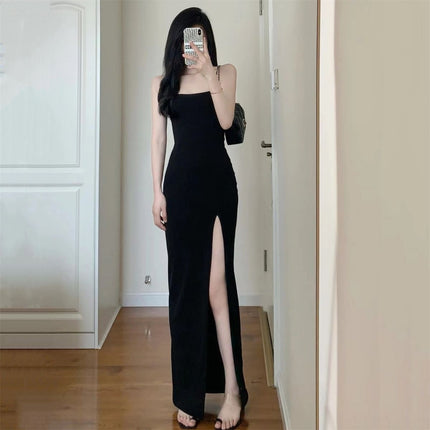 Vestido negro con abertura en la cadera para mujer adulta con sentido del diseño, estilo puro deseo para chica joven y caliente