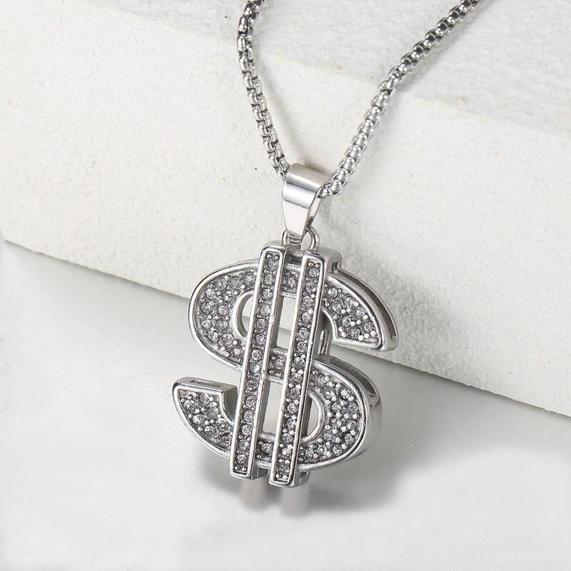 Stylish Gold & Silver CZ Dollar Symbol Pendant Necklace