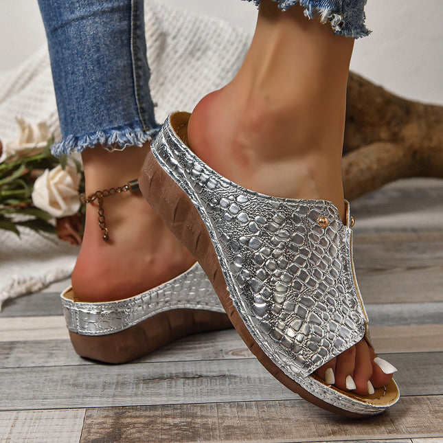 Sandalias de cuña con estampado de moda para verano, zapatillas de suela gruesa para exteriores, zapatos con boca de pez para mujer