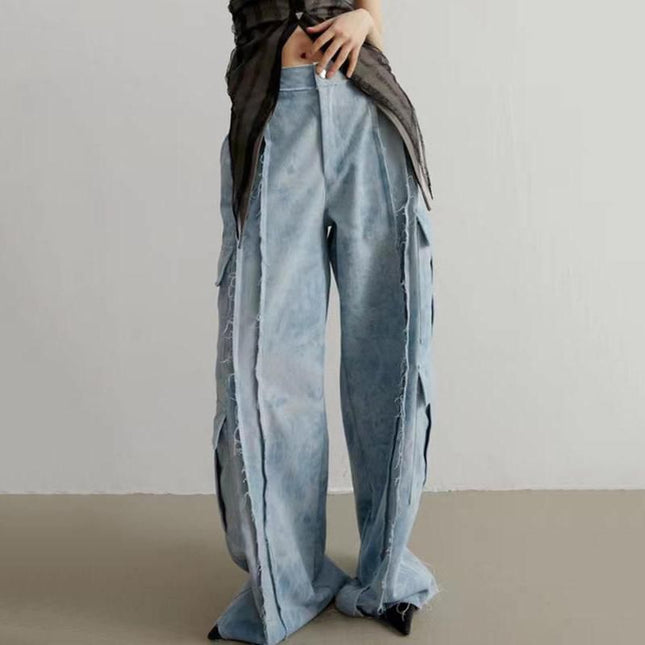 Pantalon droit en denim taille haute avec effet tie-dye