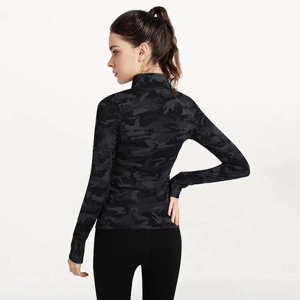 Veste de sport camouflage pour femme – Fermeture éclair intégrale, coupe ajustée, haut d'entraînement pour le yoga et la course à pied