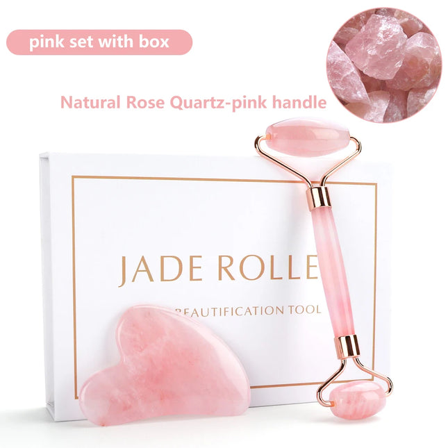 Juego de rodillo de jade y gua sha de cuarzo rosa natural