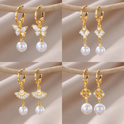 Boucles d'oreilles pendantes en imitation de perles papillon - Bijoux tendance en acier inoxydable