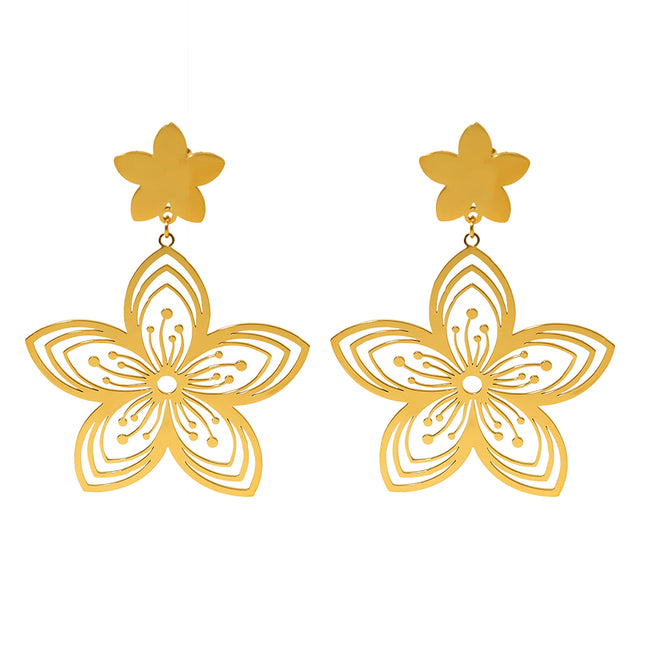 Gold Plated Stainless Steel Flower Drop Earrings