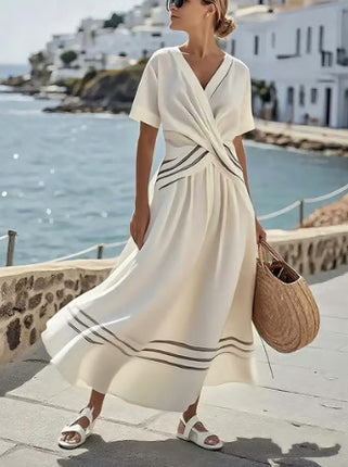 Summer Vacation V-Neck Womens Short-Sleeve Pleated Maxi Dress