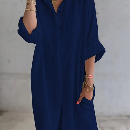 Long Shirt Women's Cotton And Linen Loose Solid Color Pocket Shirt Dress