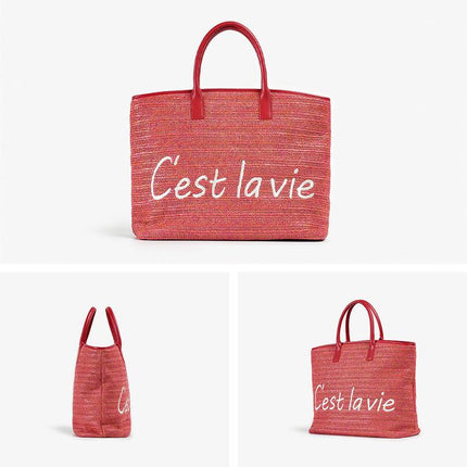 Bolso de mano informal de paja con decoración de letras para mujer