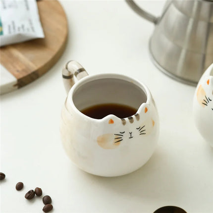 Tasse en céramique en forme de chat mignon – Tasse à café et à thé peinte à la main de 380 ml avec cuillère