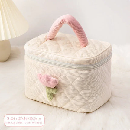 Bolso de cosméticos de pana con flores de tulipán para mujer