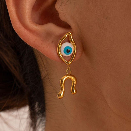 18K Gold Plated Stainless Steel Asymmetrical Devil's Eye Earrings