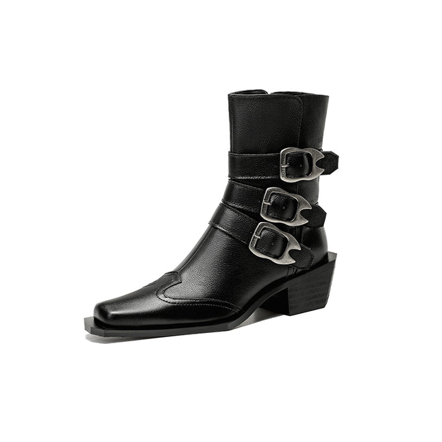 Bottines à talon épais et bout carré en cuir véritable