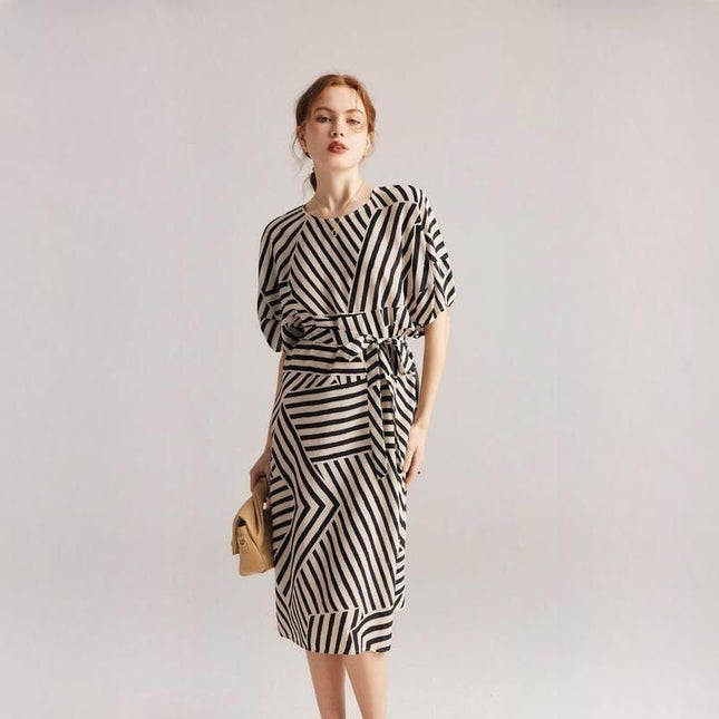 Elegant Striped Silk Mid-Calf Dress with Batwing Sleeves