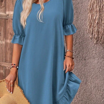 Fashion Ruffle Short-sleeved Dress Summer Solid Color Round Neck Loose Straight Dresses Womens Clothing