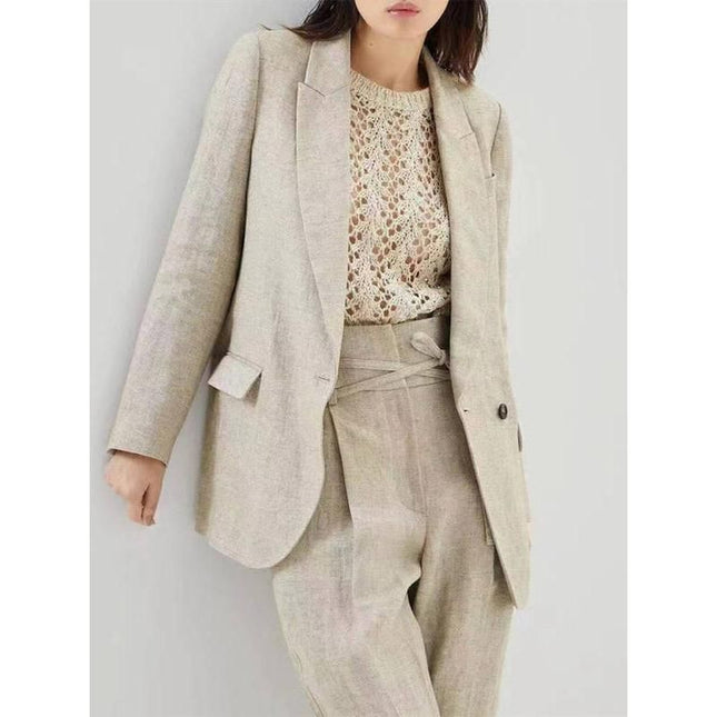 Ensemble élégant blazer et pantalon en coton et lin pour femme