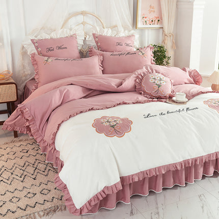 Summer Ruffled Cotton Four-piece Set Girl Heart Embroidery Flower Quilt Cover - Wnkrs