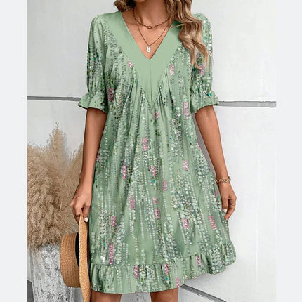 Fashion V-neck Loose Short Sleeve Dress