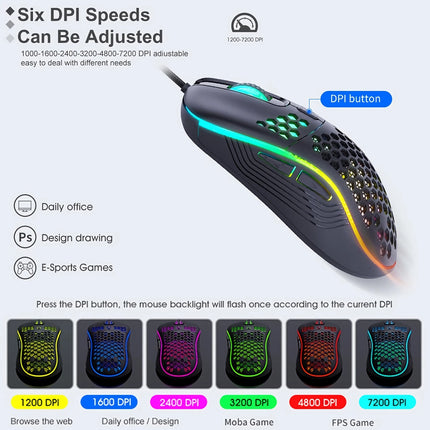 USB Wired Gaming Mouse with Luminous Light - 7200 DPI Adjustable Optical Gamer Mouse