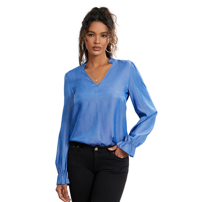 Elegante blusa con cuello en V y mangas largas con volantes para damas de oficina